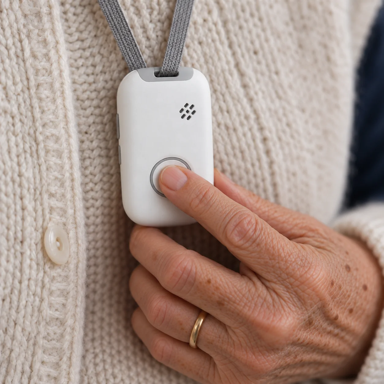 A thumb pressing the SOS button on the pendant