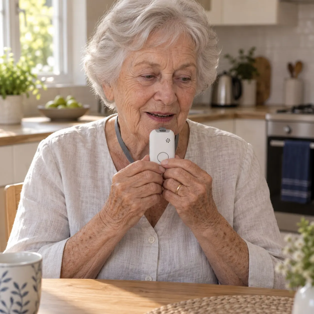A woman at her kitchen table talking through her pendant