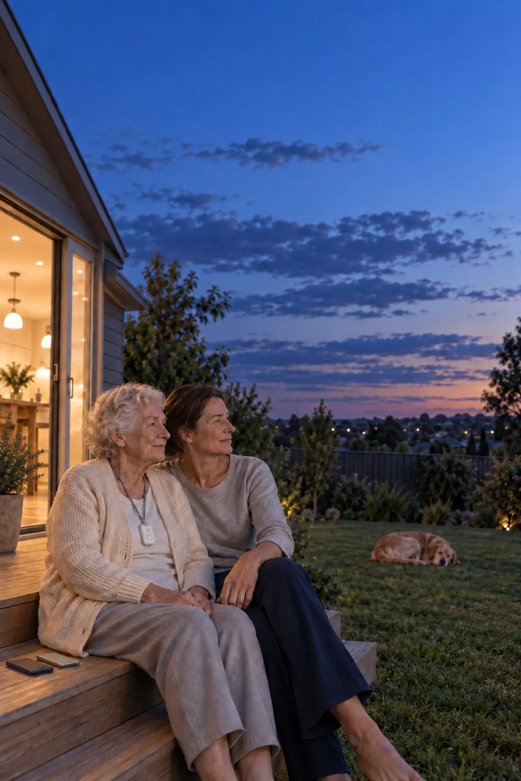 A mother and daughter sitting together on the back step at dusk, phones face down beside them