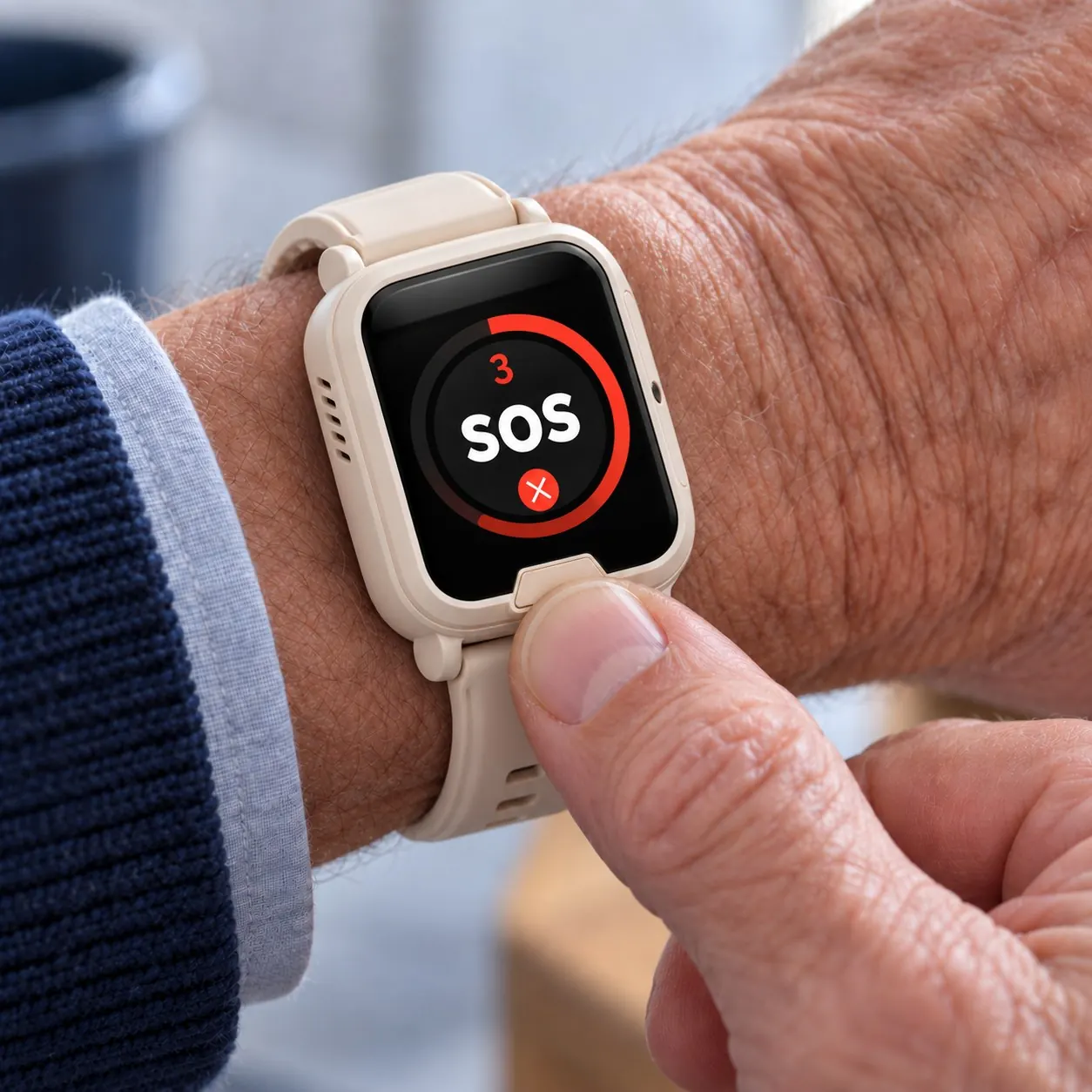 A thumb pressing the SOS button under the watch screen
