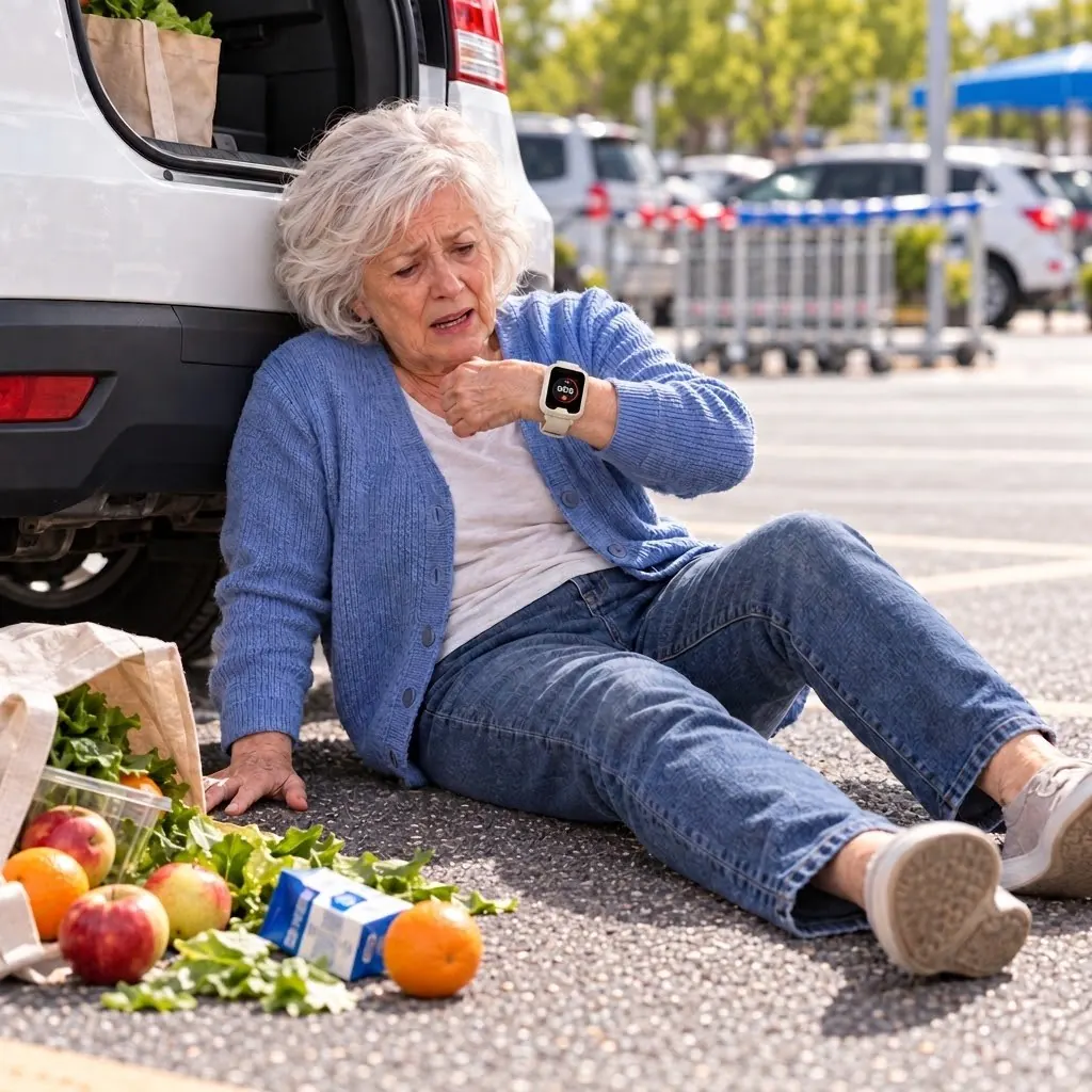A woman on the ground beside her car after a fall, talking into the watch