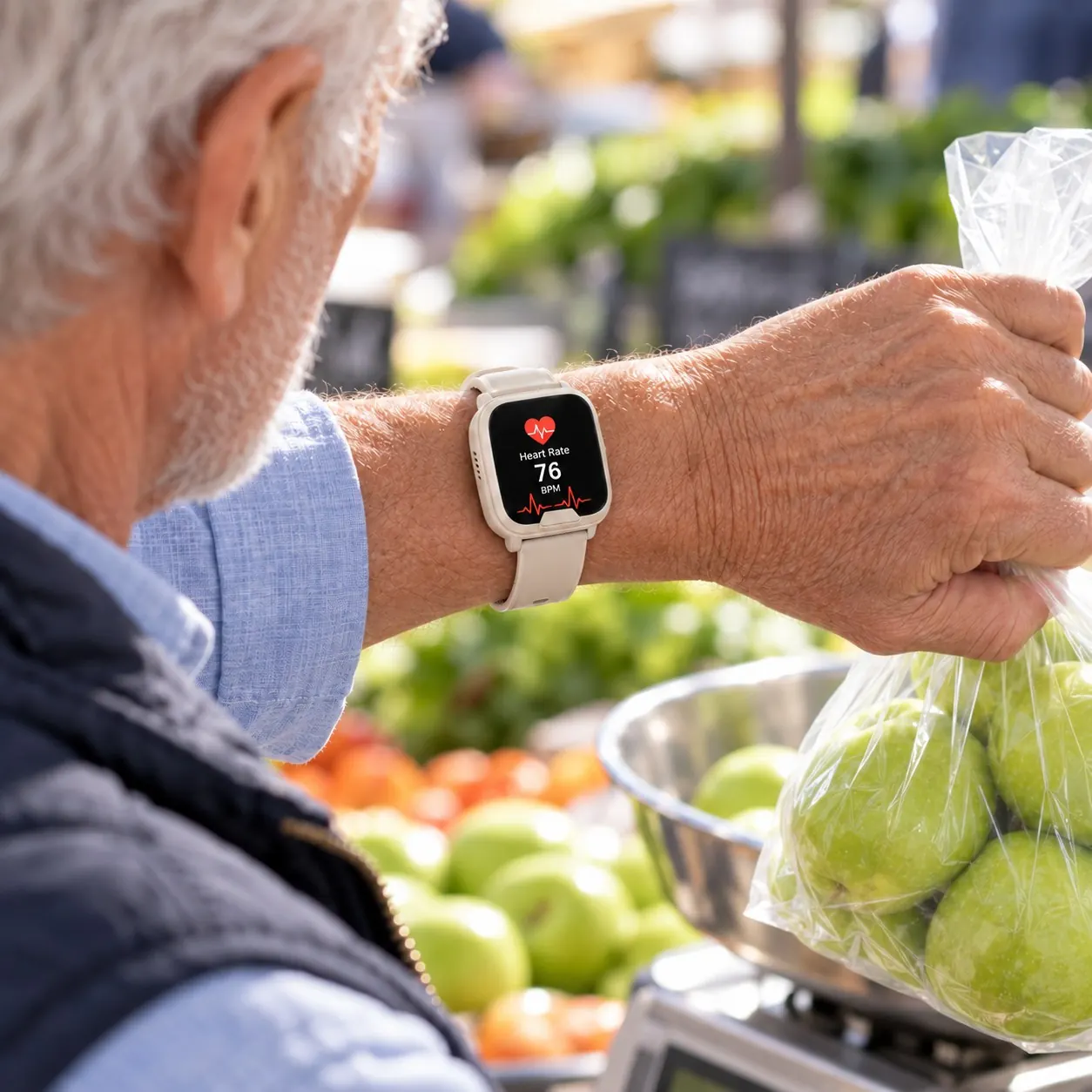 A man at the greengrocer weighing apples, the watch under his shirt cuff