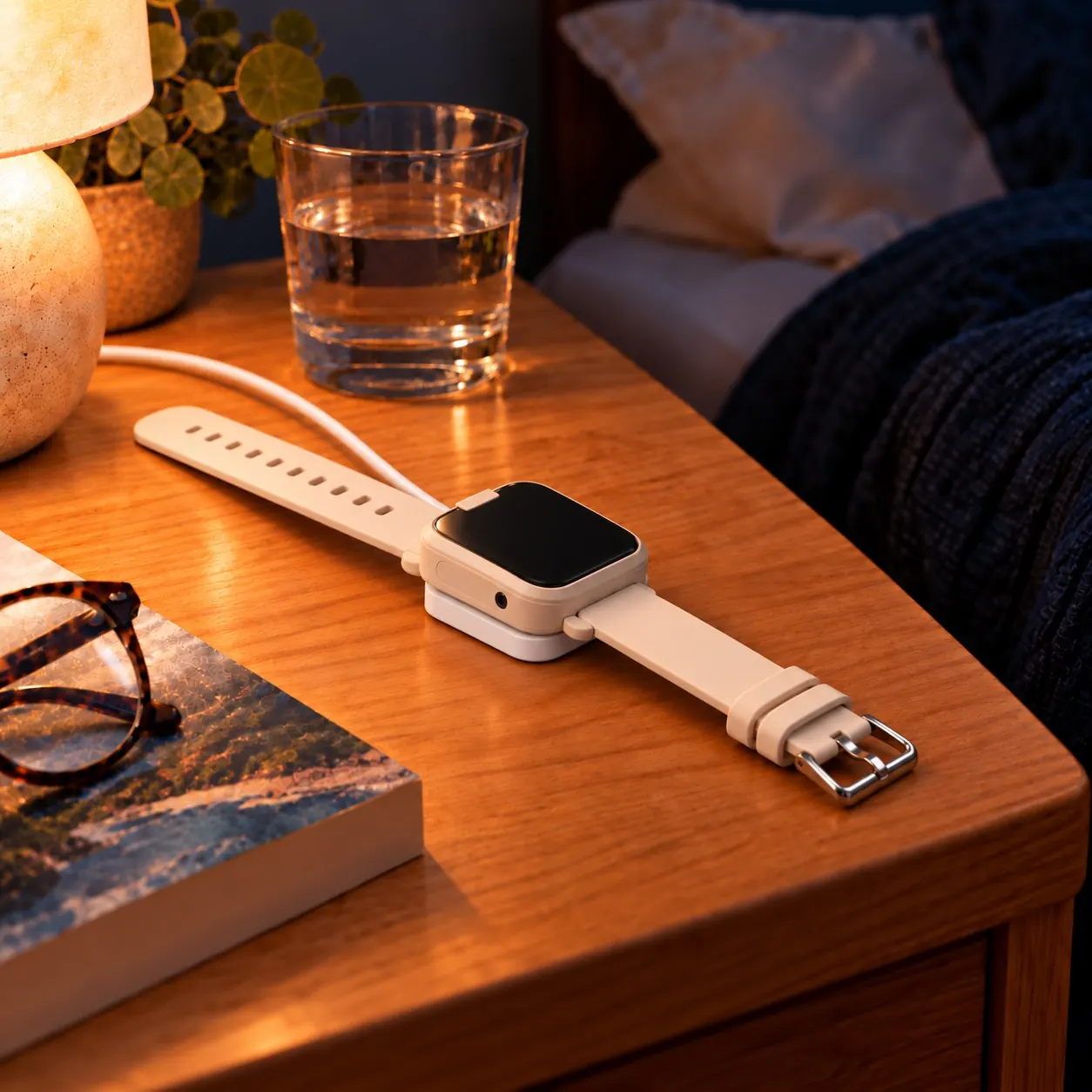 The watch on its magnetic charging cable on a bedside table