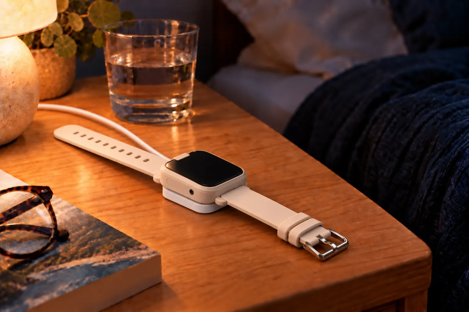 The watch on its magnetic charging cable on a bedside table at night