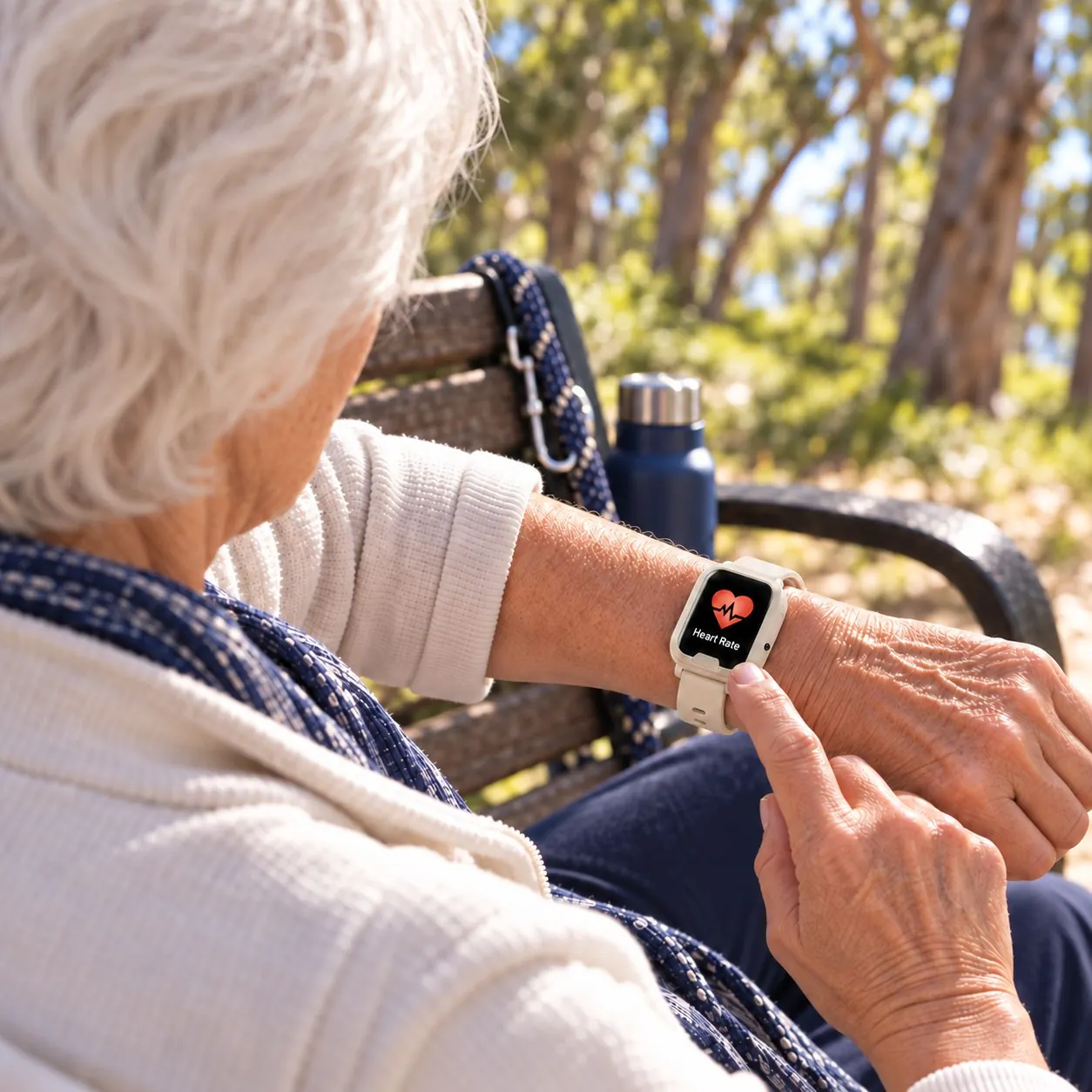 A woman on a park bench looking at the heart rate reading on the watch