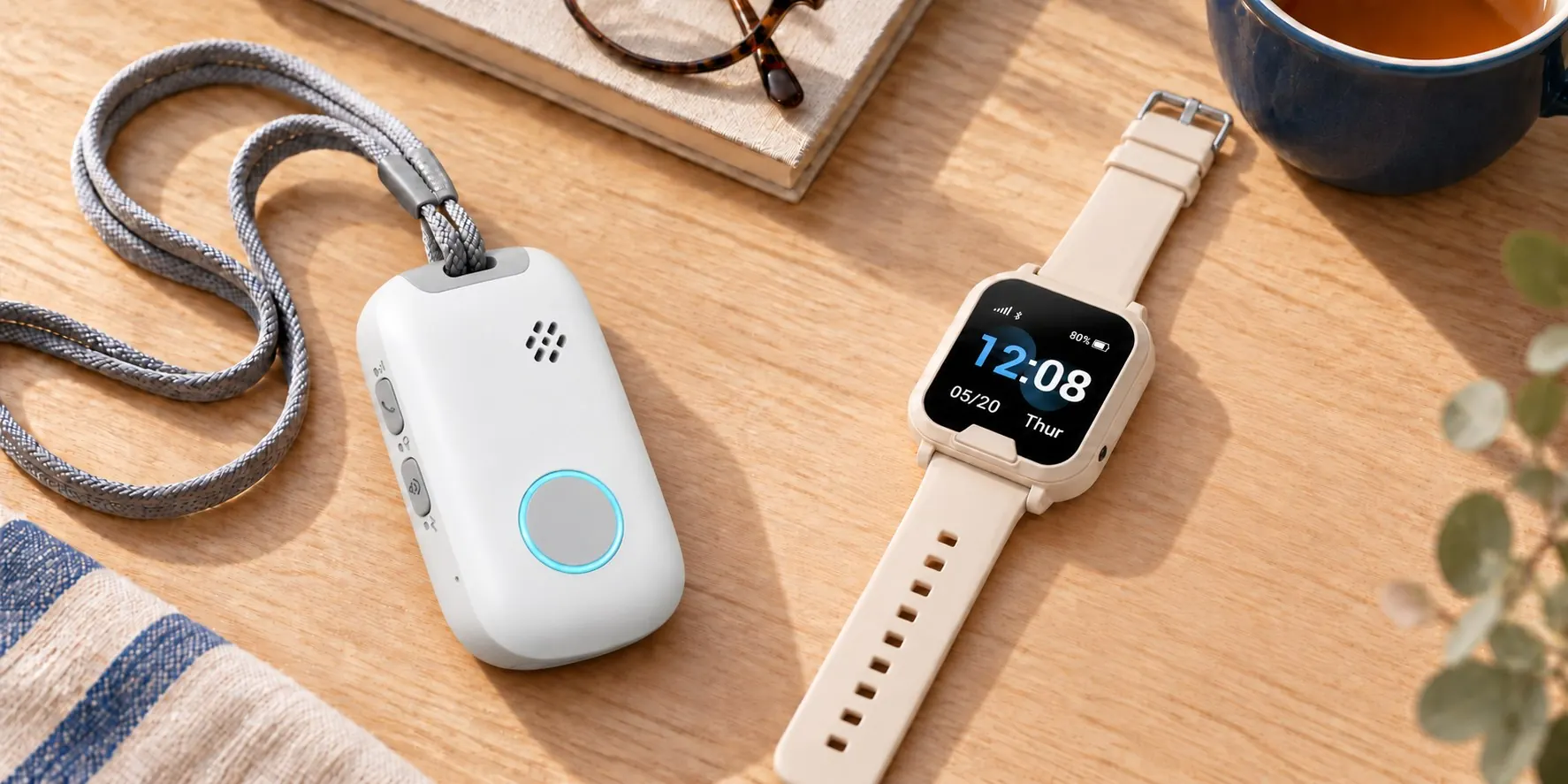 The pendant on its lanyard and the watch side by side on a table