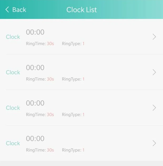 The Clock List screen in the SOS Everywhere app: four reminder clocks, each with a time, a ring time and a ring type.