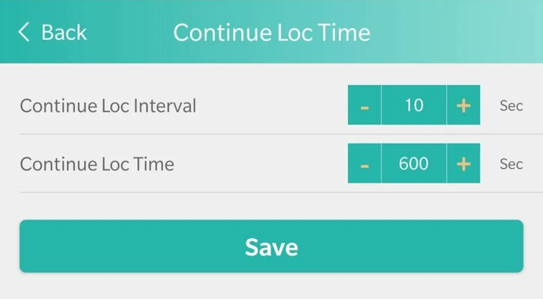 The Continue Loc Time screen in the SOS Everywhere app: an interval of 10 seconds for 600 seconds.