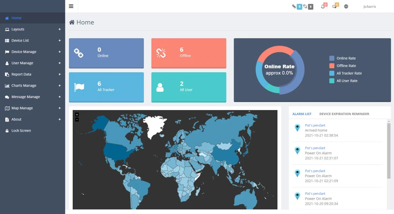 The web dashboard's home page: counts of devices online and offline, a world map, and an alarm list showing Pat's pendant arriving home and powering on.
