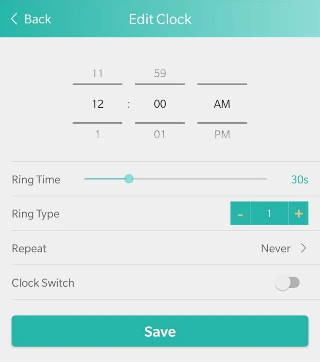 The Edit Clock screen in the SOS Everywhere app: a time, ring time, ring type, repeat and an on or off switch.