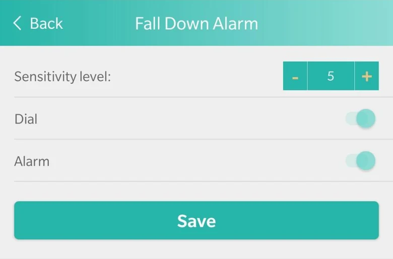 The Fall Down Alarm screen in the SOS Everywhere app: sensitivity level 5, with Dial and Alarm switched on.