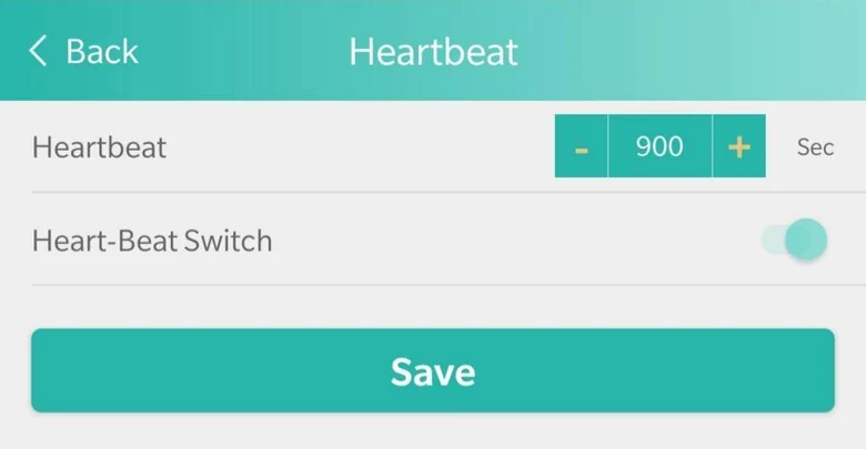 The Heartbeat screen in the SOS Everywhere app: a heartbeat every 900 seconds, switched on.