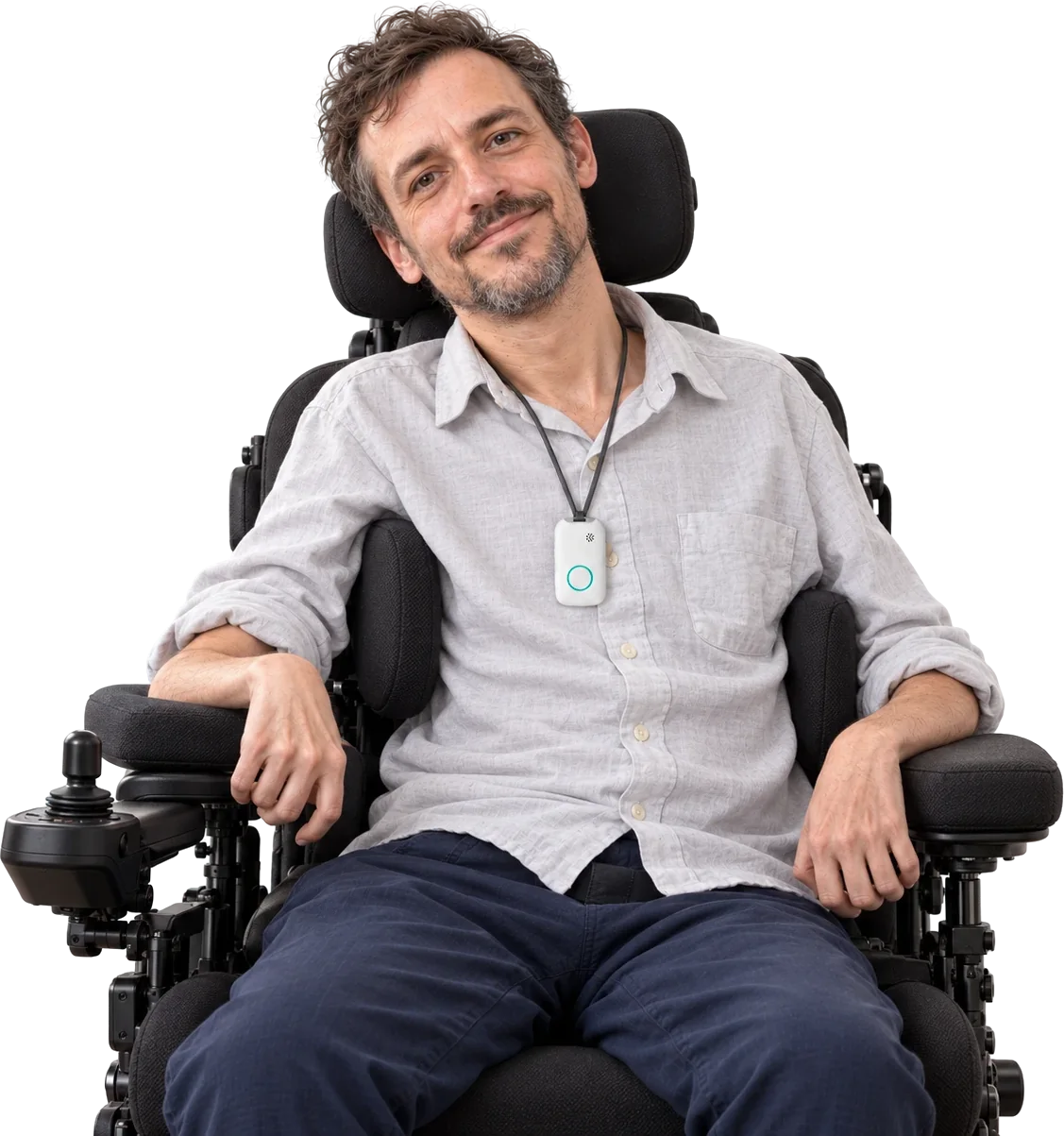 A smiling man in a power wheelchair, wearing the SOS Everywhere Pendant on a lanyard.