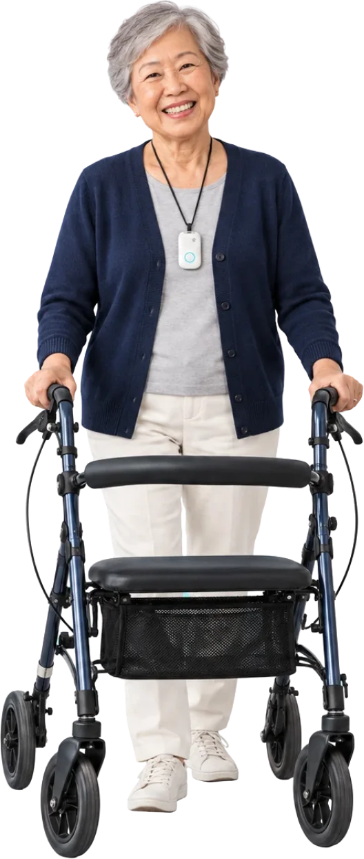 A smiling woman walking with a walker, wearing the SOS Everywhere Pendant on a lanyard.