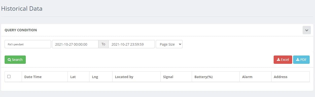 The Historical Data page on the web dashboard: pick a device and a date range, search, and export to Excel or PDF. Columns: date and time, latitude, longitude, located by, signal, battery, alarm and address.
