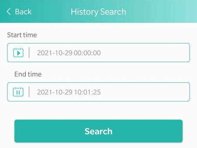 The History Search screen in the SOS Everywhere app: a start time, an end time and a Search button.