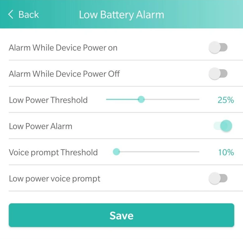 The Low Battery Alarm screen in the SOS Everywhere app: Low Power Alarm on at 25%, and a voice prompt threshold of 10%. In this example the low power voice prompt and the power on and power off alarms are switched off.
