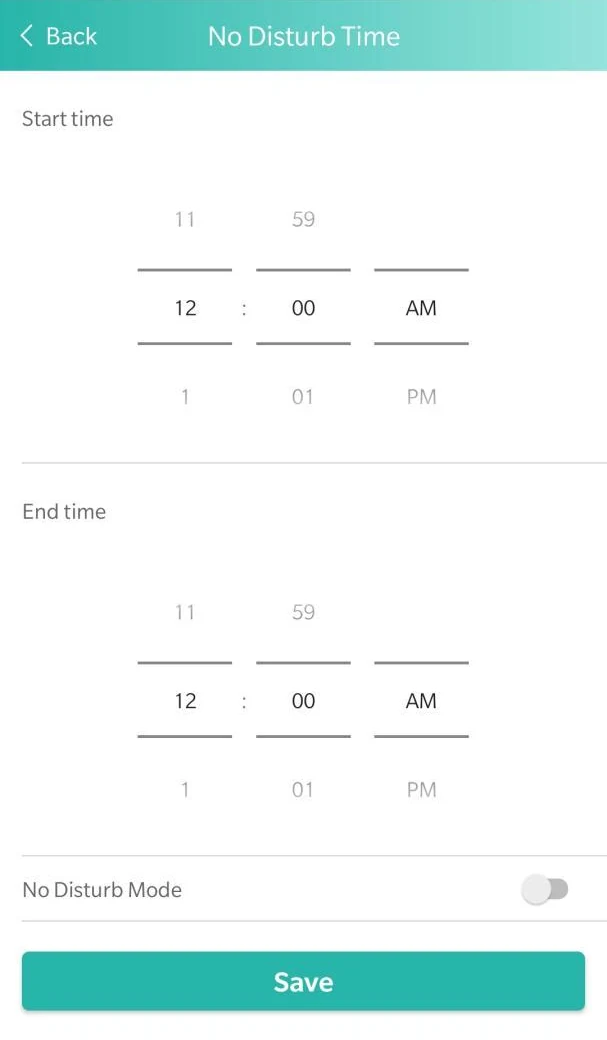 The No Disturb Time screen in the SOS Everywhere app: a start time, an end time and a No Disturb Mode switch.