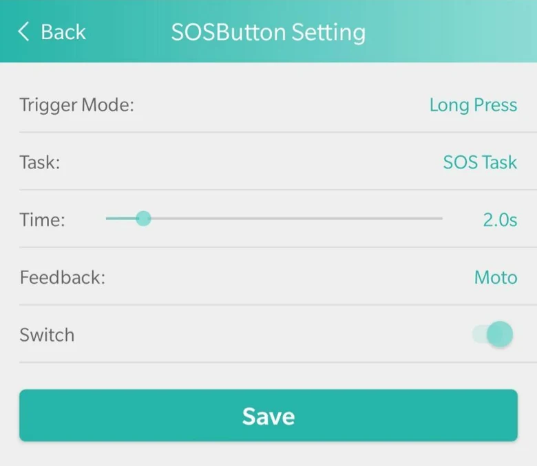 The SOS button setting in the SOS Everywhere app: trigger mode Long Press, task SOS, held for 2.0 seconds.