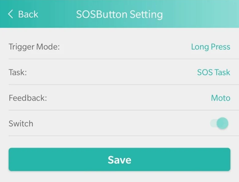 The SOS button setting in the SOS Everywhere app: trigger mode Long Press, task SOS, with feedback and an on switch.
