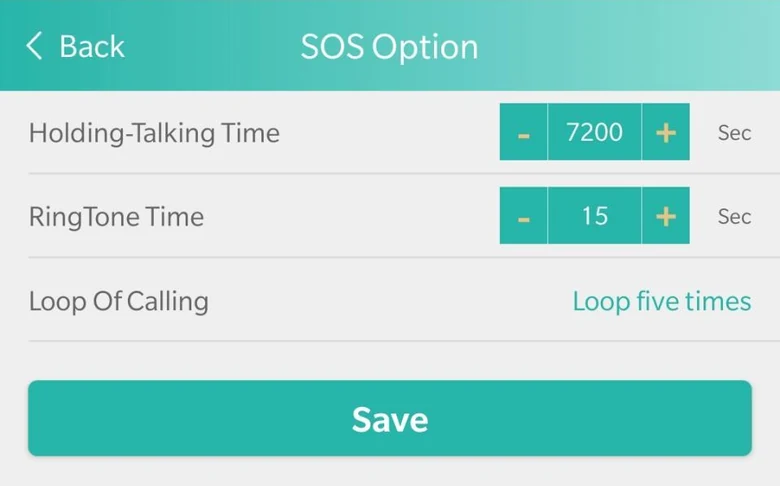 The SOS Option screen in the Smart Locator app: talk time 7200 seconds, ring time 15 seconds, and loop of calling set to five times.